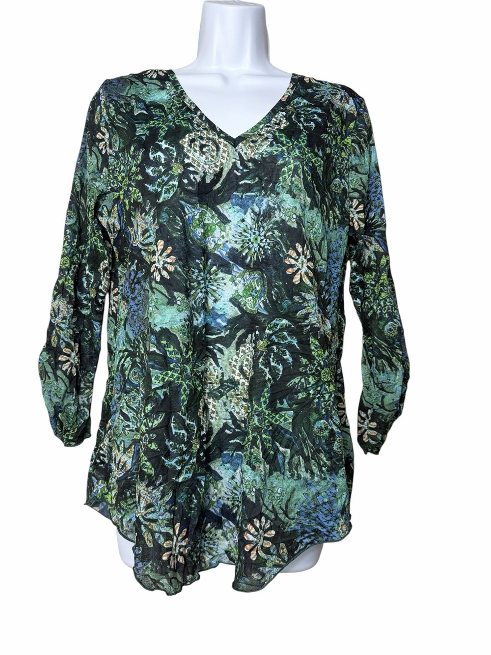 Snoskins Size Medium Blue V Neck Sheer Textured Stretch Scrunch Sleeve Top